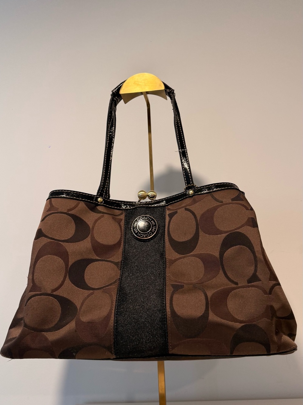Coach Brown Signature Canvas Tote with Black Trim